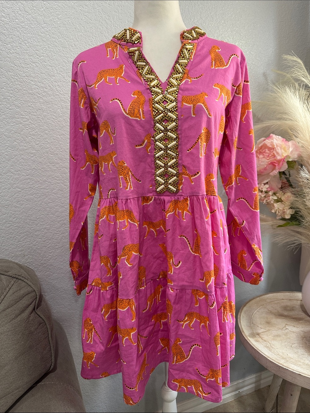 Girls' Pink Cheetah Print Tiered Dress with Beaded V-Neck